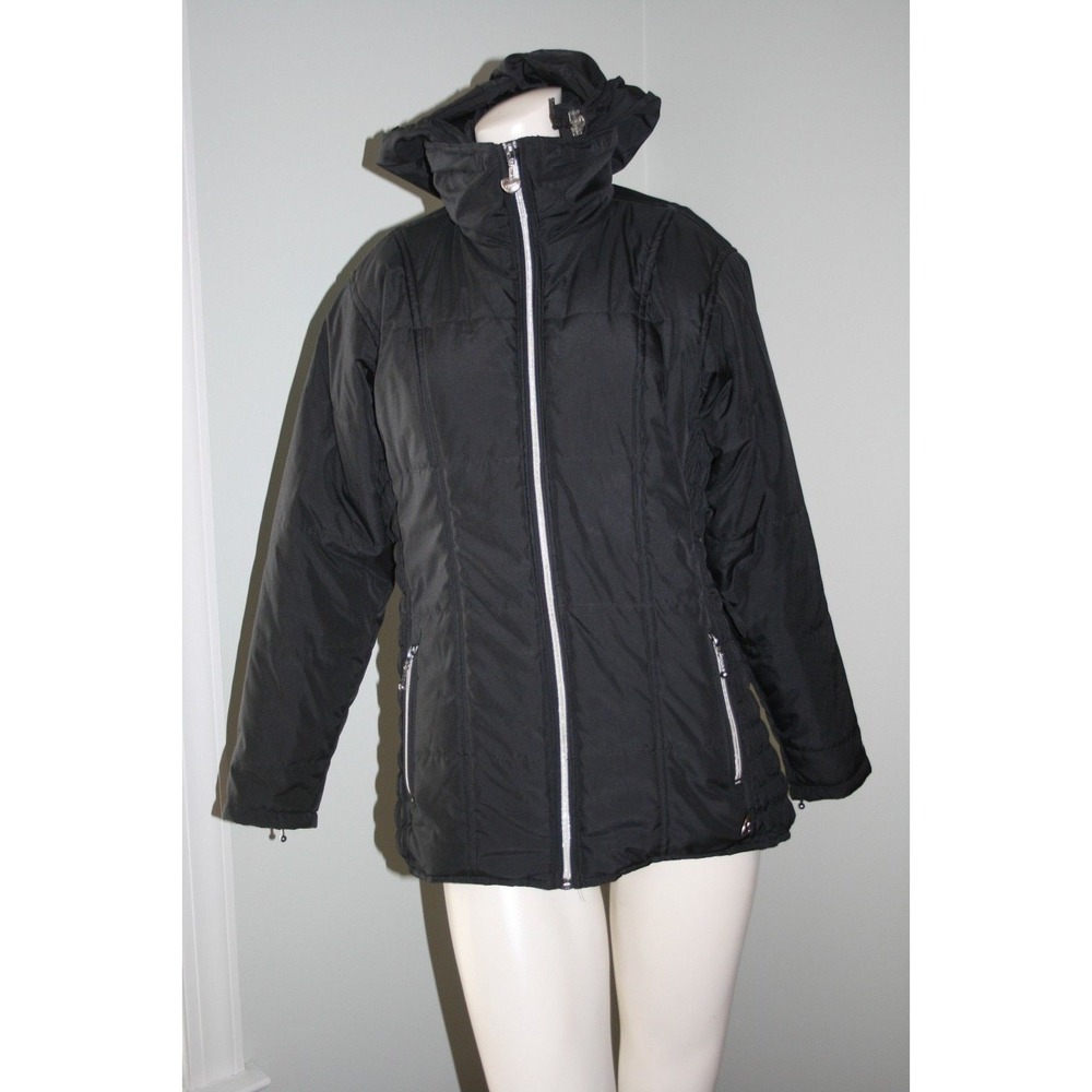 Obermeyer Women's Hooded Zip Sleeve Elastic Sides Black Polyester Parka Size 10